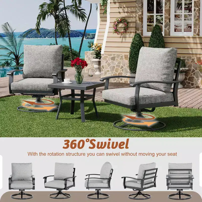 Ensemble de conversation d'extérieur 5 pièces en métal EROMMY avec fauteuils à bascule pivotants à 360°, canapé, causeuse et table basse pour patio, jardin, terrasse ou piscine