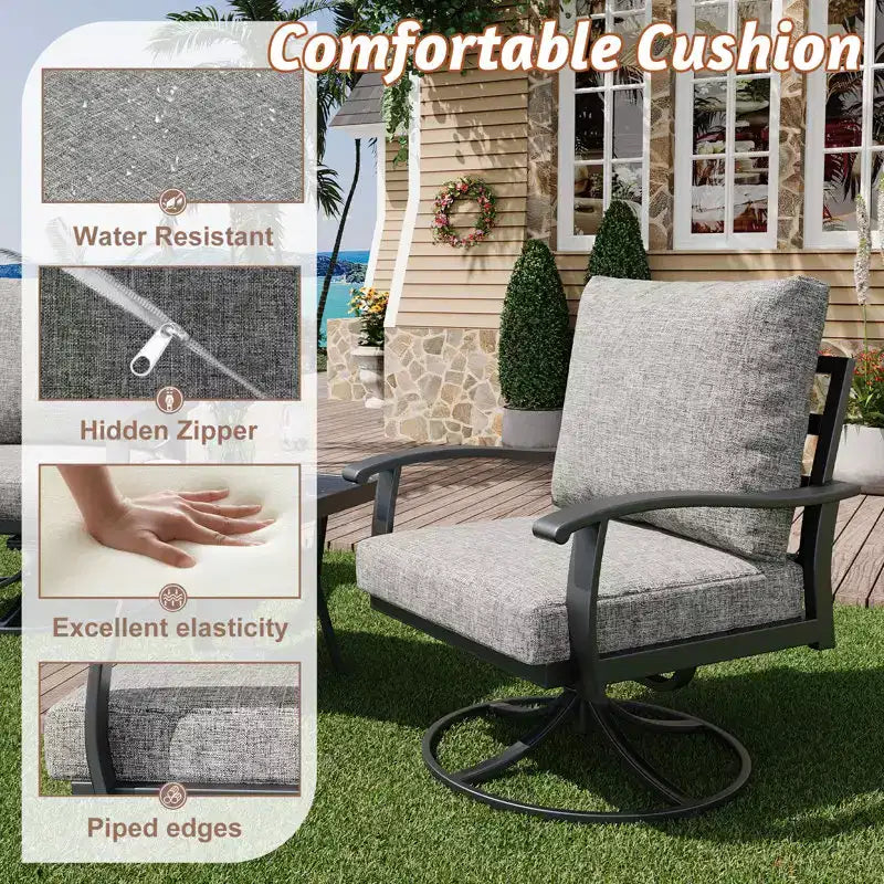 Ensemble de conversation d'extérieur 5 pièces en métal EROMMY avec fauteuils à bascule pivotants à 360°, canapé, causeuse et table basse pour patio, jardin, terrasse ou piscine
