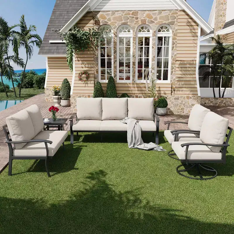 Ensemble de conversation d'extérieur 5 pièces en métal EROMMY avec fauteuils à bascule pivotants à 360°, canapé, causeuse et table basse pour patio, jardin, terrasse ou piscine