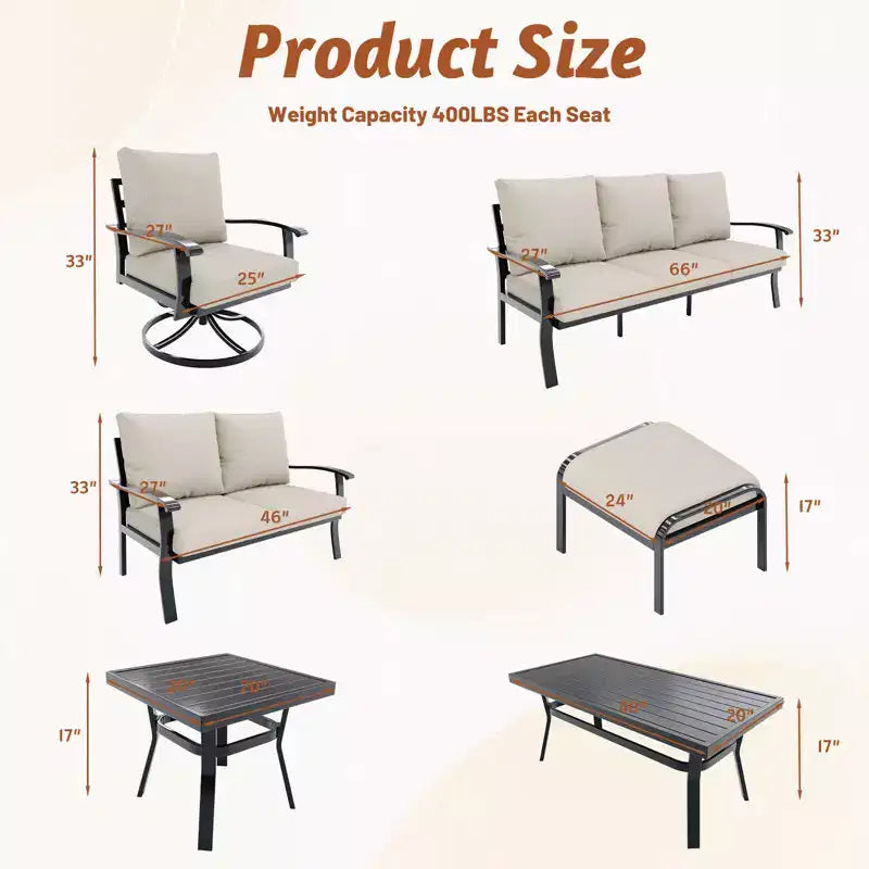 Ensemble de conversation d'extérieur 5 pièces en métal EROMMY avec fauteuils à bascule pivotants à 360°, canapé, causeuse et table basse pour patio, jardin, terrasse ou piscine