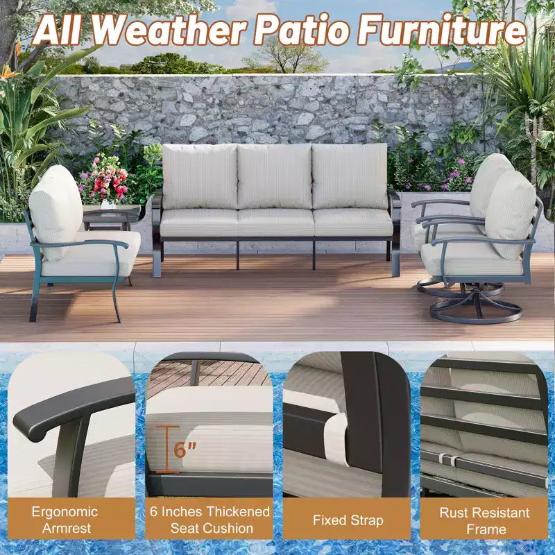 Ensemble de conversation d'extérieur 5 pièces en métal EROMMY avec fauteuils à bascule pivotants à 360°, canapé, causeuse et table basse pour patio, jardin, terrasse ou piscine