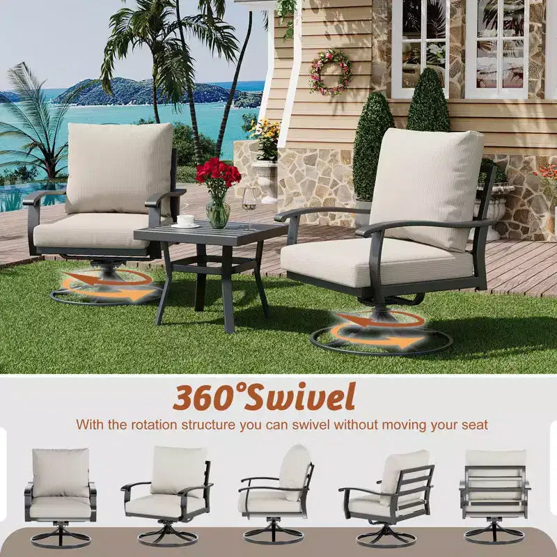 Ensemble de conversation d'extérieur 5 pièces en métal EROMMY avec fauteuils à bascule pivotants à 360°, canapé, causeuse et table basse pour patio, jardin, terrasse ou piscine