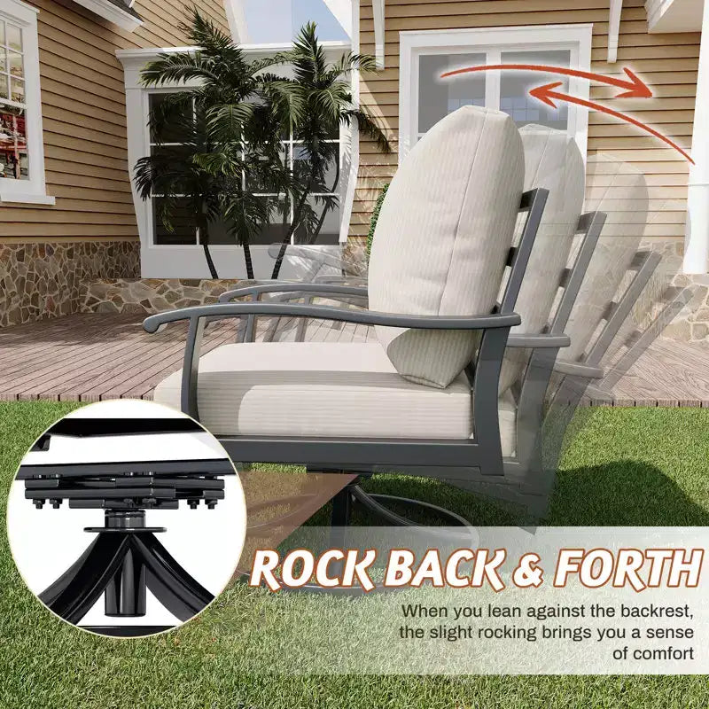 Ensemble de conversation d'extérieur 5 pièces en métal EROMMY avec fauteuils à bascule pivotants à 360°, canapé, causeuse et table basse pour patio, jardin, terrasse ou piscine