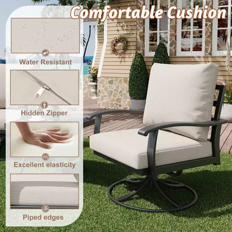 Ensemble de conversation d'extérieur 5 pièces en métal EROMMY avec fauteuils à bascule pivotants à 360°, canapé, causeuse et table basse pour patio, jardin, terrasse ou piscine