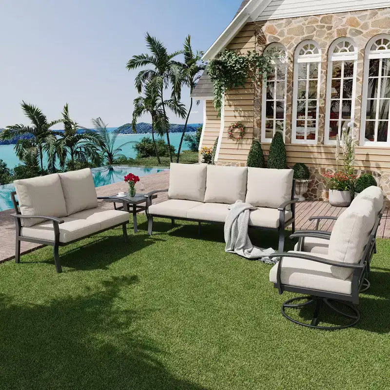 EROMMY 5 PCS Outdoor Metal Conversation Set With 360 Swivel Rocking Chairs, Sofa, Loveseat & Coffee Table For Patio, Garden, Deck Or Poolside