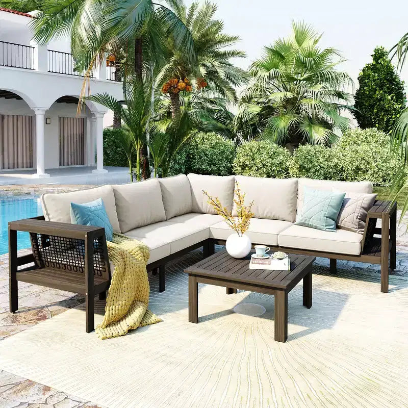 4-Piece Outdoor Acacia Wood Sofa Set with Woven Mesh Armrests, L-Shaped Patio Conversation Set with Coffee Table and Side Table - ModernLuxe