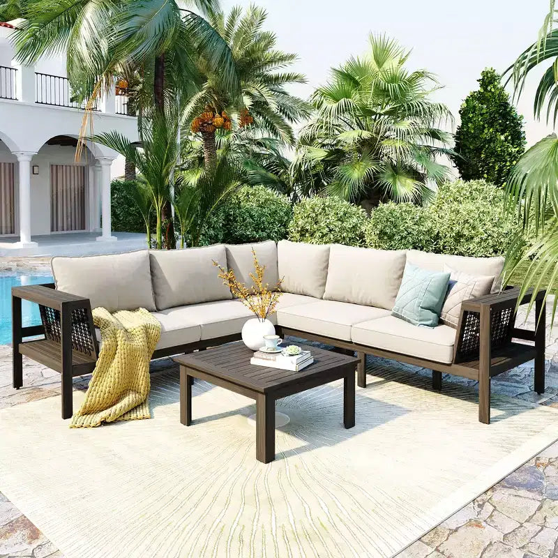 Ensemble de canapé d'extérieur 4 pièces en bois d'acacia avec accoudoirs en maille tressée, salon de jardin en forme de L avec table basse et table d'appoint - ModernLuxe