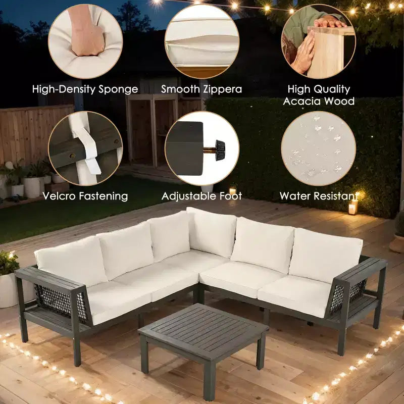 Ensemble de canapé d'extérieur 4 pièces en bois d'acacia avec accoudoirs en maille tressée, salon de jardin en forme de L avec table basse et table d'appoint - ModernLuxe