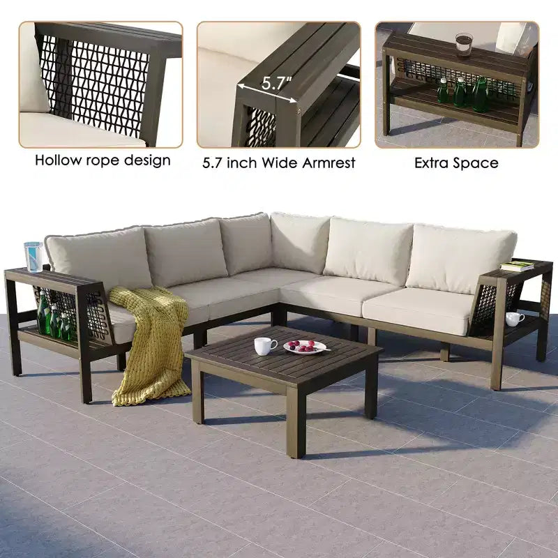 Ensemble de canapé d'extérieur 4 pièces en bois d'acacia avec accoudoirs en maille tressée, salon de jardin en forme de L avec table basse et table d'appoint - ModernLuxe