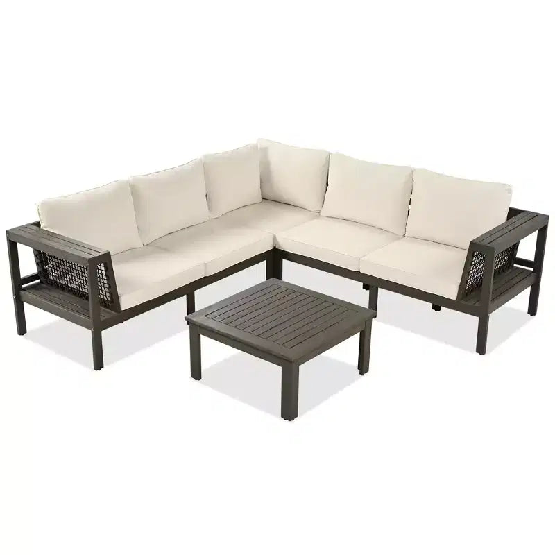 Ensemble de canapé d'extérieur 4 pièces en bois d'acacia avec accoudoirs en maille tressée, salon de jardin en forme de L avec table basse et table d'appoint - ModernLuxe