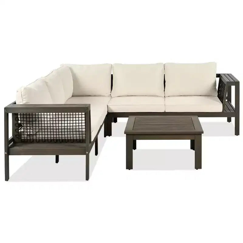Ensemble de canapé d'extérieur 4 pièces en bois d'acacia avec accoudoirs en maille tressée, salon de jardin en forme de L avec table basse et table d'appoint - ModernLuxe