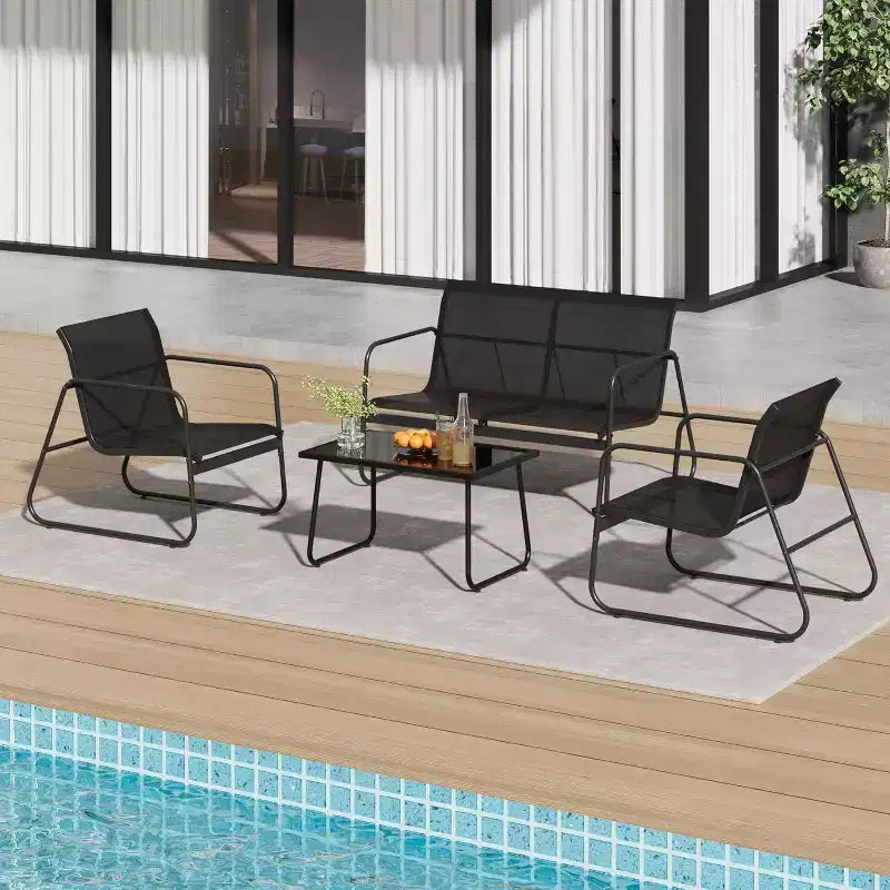 4 Piece Patio Conversation Set, Outdoor Conversation Set with Single Chairs and Glass Top Coffee Table, One Love Seat, 2 Single Chairs and One Table
