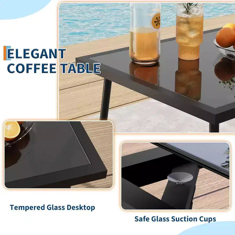 Ensemble de conversation d'extérieur 4 pièces, avec fauteuils individuels et table basse à plateau en verre, un canapé deux places, 2 fauteuils individuels et une table