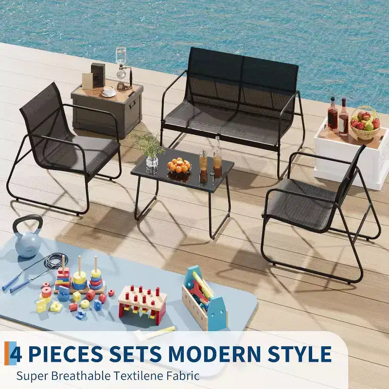 Ensemble de conversation d'extérieur 4 pièces, avec fauteuils individuels et table basse à plateau en verre, un canapé deux places, 2 fauteuils individuels et une table