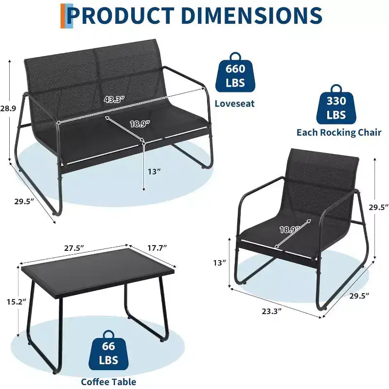 Ensemble de conversation d'extérieur 4 pièces, avec fauteuils individuels et table basse à plateau en verre, un canapé deux places, 2 fauteuils individuels et une table