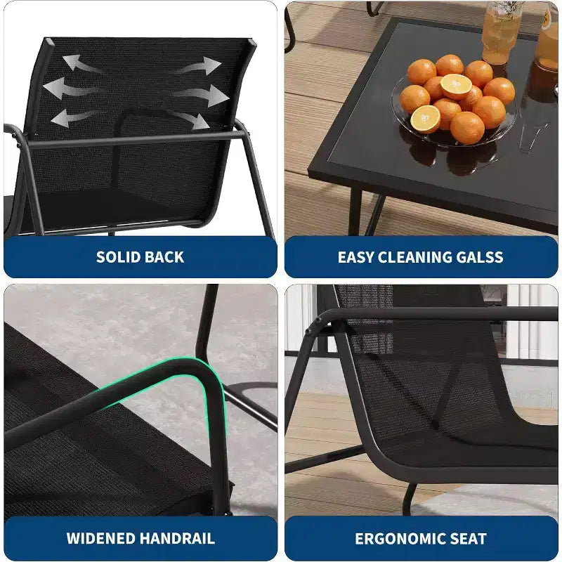Ensemble de conversation d'extérieur 4 pièces, avec fauteuils individuels et table basse à plateau en verre, un canapé deux places, 2 fauteuils individuels et une table