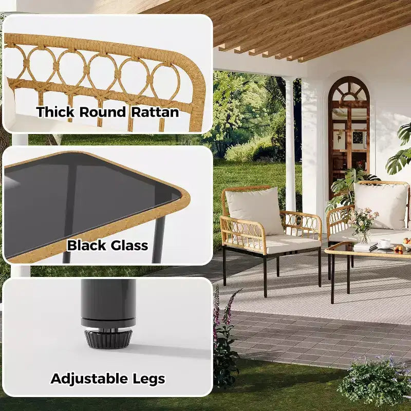 Ensemble de mobilier de patio 4 pièces, causeuse et chaises en rotin PE tressé résistant aux intempéries avec table basse en verre et cadre en acier, ensemble de conversation bohème
