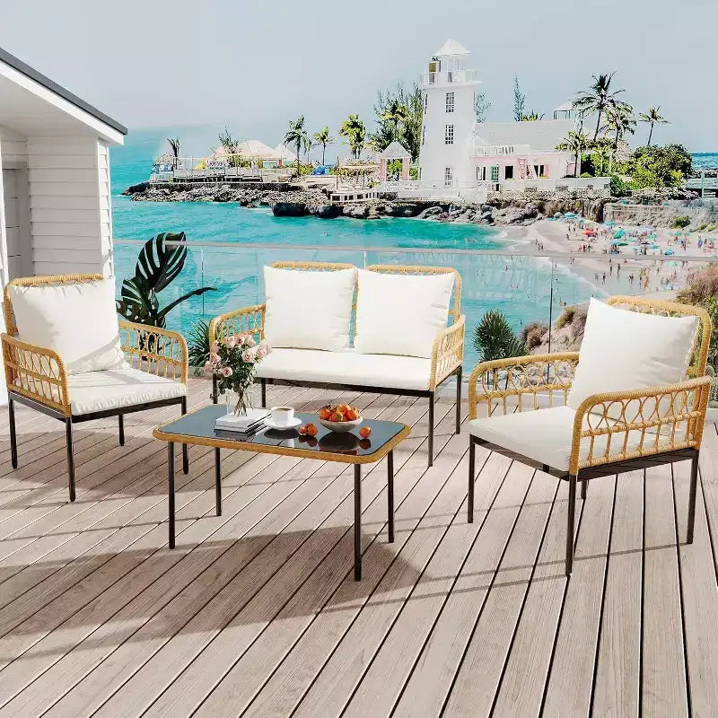 Ensemble de mobilier de patio 4 pièces, causeuse et chaises en rotin PE tressé résistant aux intempéries avec table basse en verre et cadre en acier, ensemble de conversation bohème