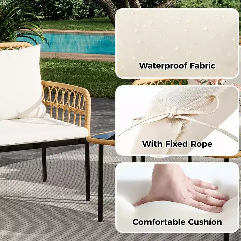 Ensemble de mobilier de patio 4 pièces, causeuse et chaises en rotin PE tressé résistant aux intempéries avec table basse en verre et cadre en acier, ensemble de conversation bohème