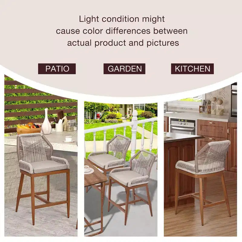 Tabourets de bar hauteur comptoir, lot de 2 - Tabourets de bar en rotin de 63 cm de haut, chaises de salle à manger avec dossier, tabourets de bar de patio modernes avec dossier et accoudoirs