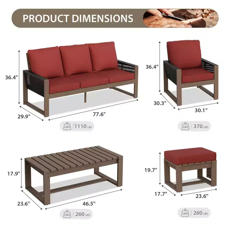 EAGLE PEAK Ensemble de conversation en bois de cèdre naturel, mobilier de terrasse extérieur avec 2 poufs et table basse