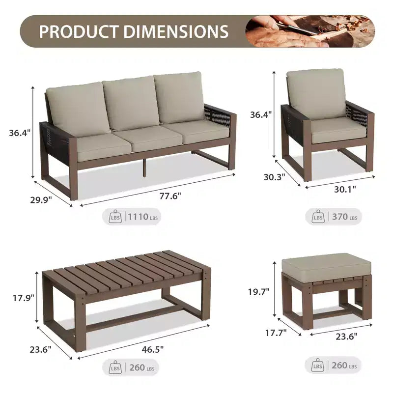 EAGLE PEAK Ensemble de conversation en bois de cèdre naturel, mobilier de terrasse extérieur avec 2 poufs et table basse