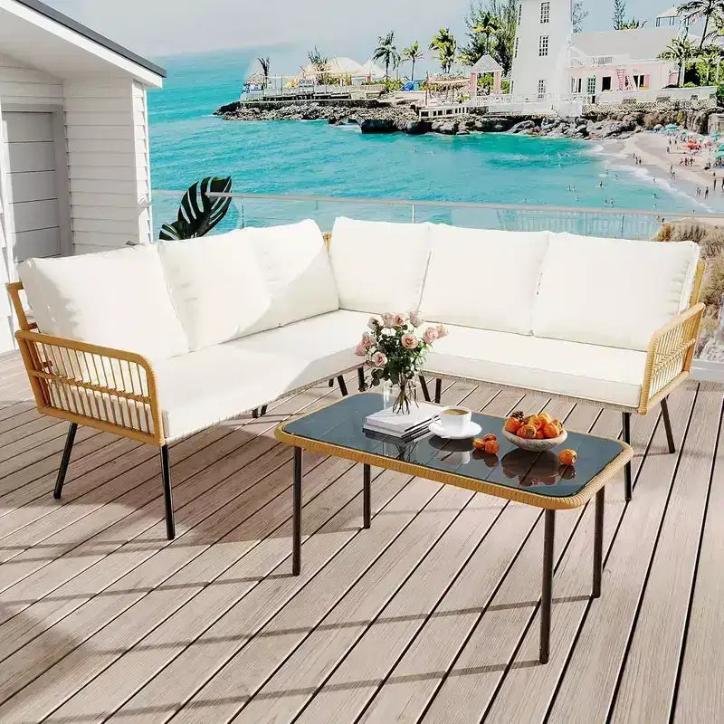 4-Piece Outdoor Wicker Patio Furniture Set, L-Shaped Sectional with Cushions, Side Table & Chairs, Boho Rattan 5-Seater for Porch, Backyard