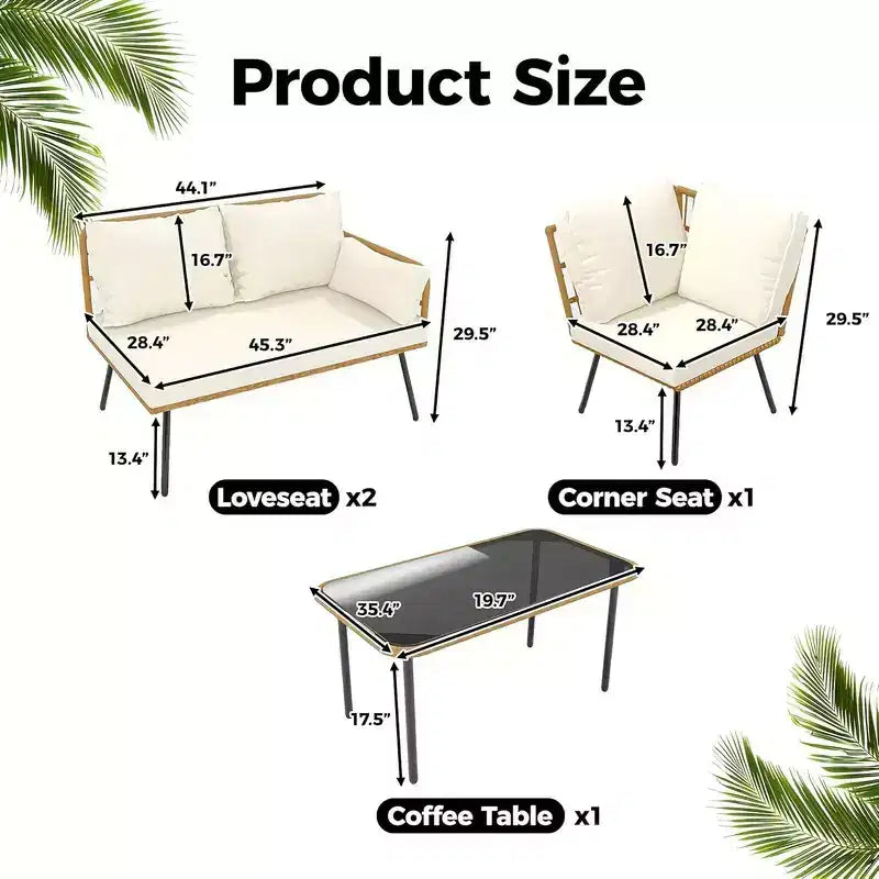 Ensemble de mobilier de patio en osier d'extérieur 4 pièces, sectionnel en forme de L avec coussins, table d'appoint et chaises, rotin bohème 5 places pour porche, jardin