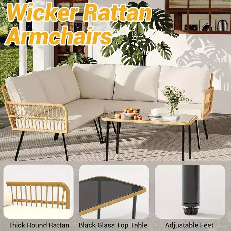 Ensemble de mobilier de patio en osier d'extérieur 4 pièces, sectionnel en forme de L avec coussins, table d'appoint et chaises, rotin bohème 5 places pour porche, jardin