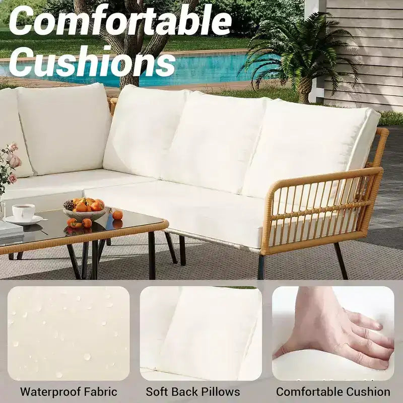 Ensemble de mobilier de patio en osier d'extérieur 4 pièces, sectionnel en forme de L avec coussins, table d'appoint et chaises, rotin bohème 5 places pour porche, jardin