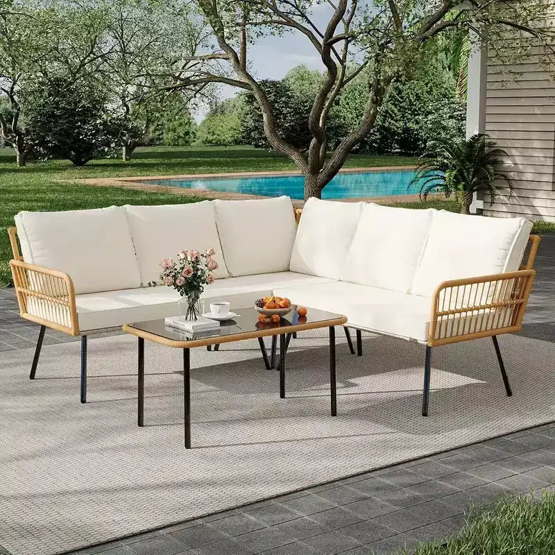 Ensemble de mobilier de patio en osier d'extérieur 4 pièces, sectionnel en forme de L avec coussins, table d'appoint et chaises, rotin bohème 5 places pour porche, jardin