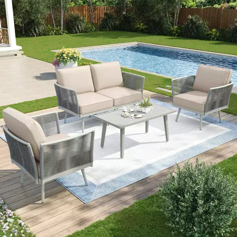 Captiva Designs Outdoor Patio Rope Rattan Furniture Conversation Sets with Coffee Table