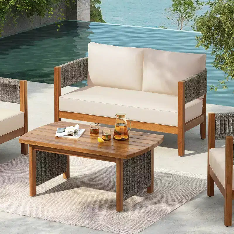 Christopher Knight Home Jett Patio Rustic Rope Weave Acacia Wood Loveseat and Coffee Table with Cushions