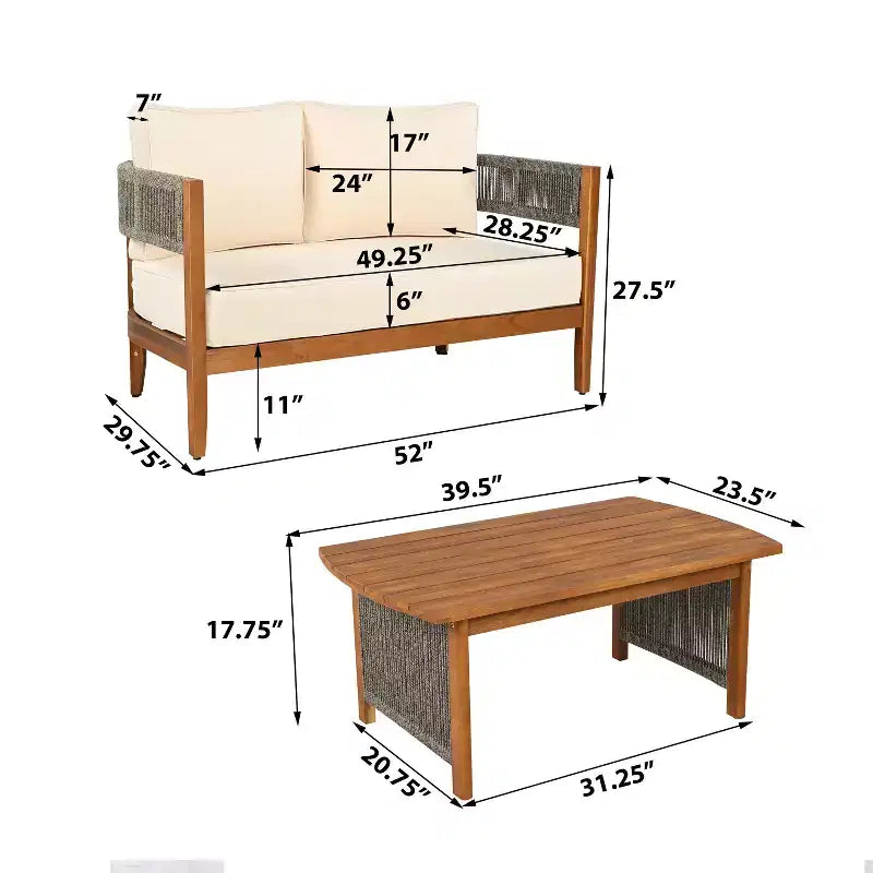 Canapé deux places et table basse Christopher Knight Home Jett en corde tressée rustique et bois d'acacia avec coussins