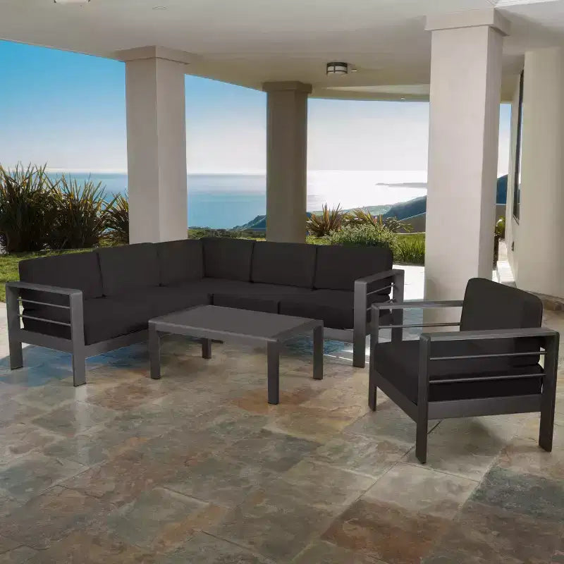 Christopher Knight Home Cape Coral Outdoor Aluminum 6 Seater Sectional Sofa and Club Chair Chat Set