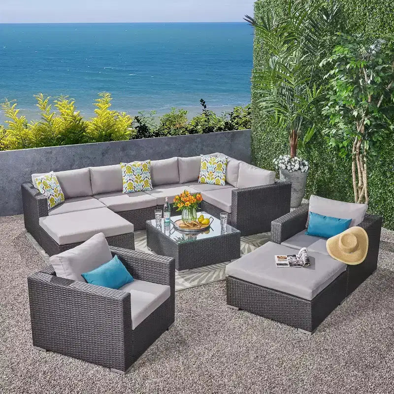 Christopher Knight Home Harley 10 Piece Wicker Patio Furniture Sectional Sofa Set with Tempered Glass Coffee Table and Cushions