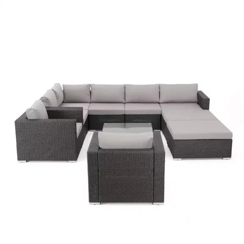 Christopher Knight Home Harley Ensemble de meubles de patio en osier 10 pièces avec sectionnel, table basse en verre trempé et coussins