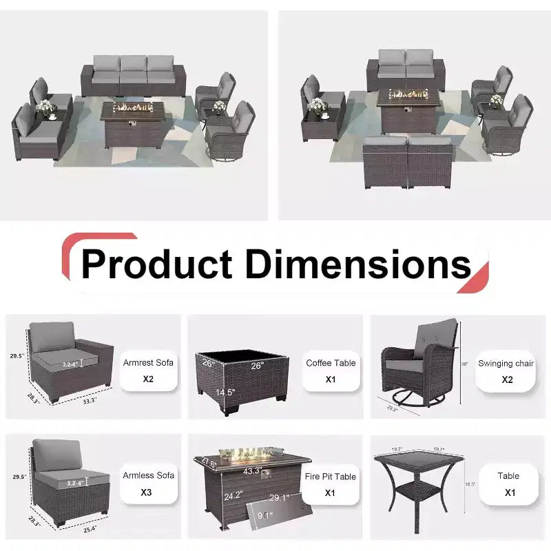 ALAULM Ensemble de mobilier de patio 10 pièces, salons de conversation d'extérieur en rotin avec foyer au propane de 43, fauteuils pivotants à bascule