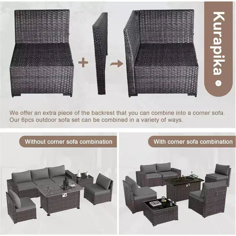 ALAULM Ensemble de mobilier de patio 10 pièces, salons de conversation d'extérieur en rotin avec foyer au propane de 43, fauteuils pivotants à bascule