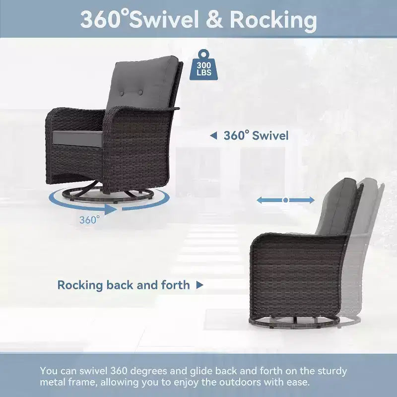ALAULM Ensemble de mobilier de patio 10 pièces, salons de conversation d'extérieur en rotin avec foyer au propane de 43, fauteuils pivotants à bascule