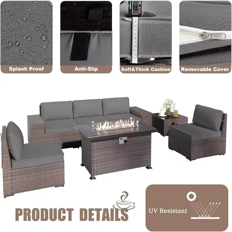 ALAULM Ensemble de mobilier de patio 10 pièces, salons de conversation d'extérieur en rotin avec foyer au propane de 43, fauteuils pivotants à bascule