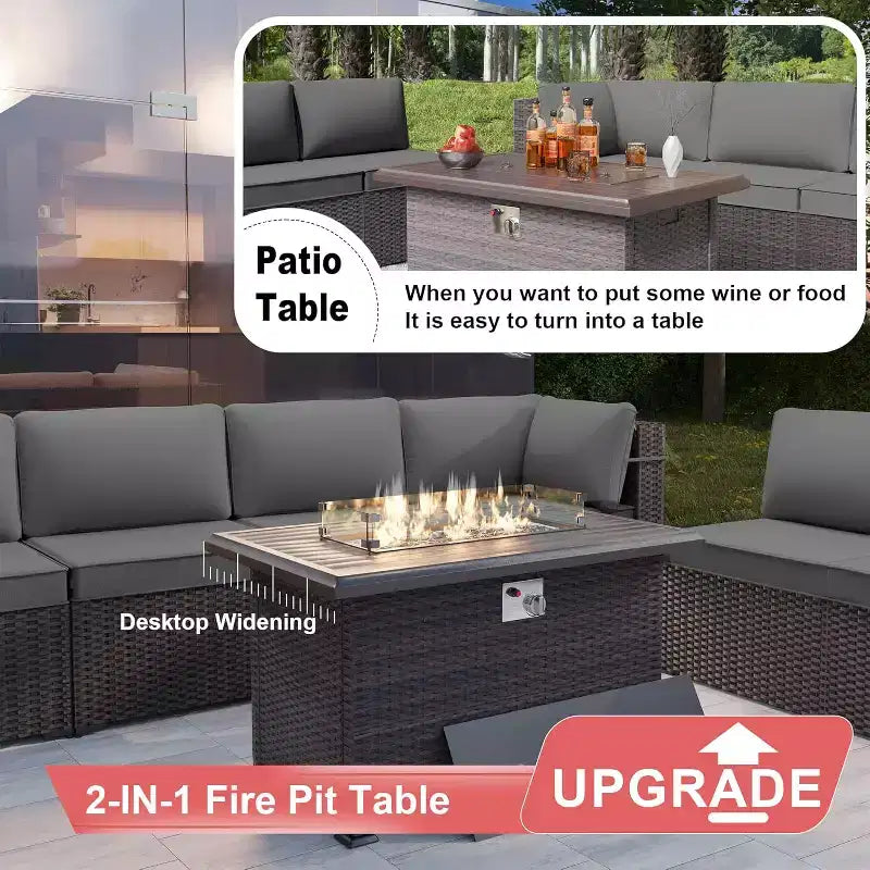 ALAULM Ensemble de mobilier de patio 10 pièces, salons de conversation d'extérieur en rotin avec foyer au propane de 43, fauteuils pivotants à bascule