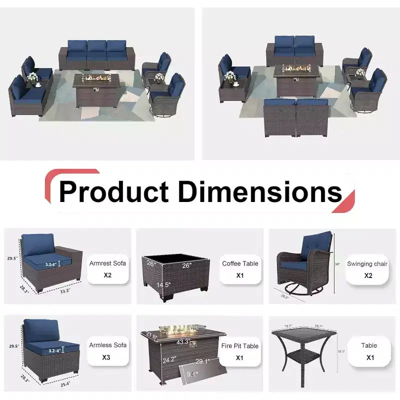 ALAULM Ensemble de mobilier de patio 10 pièces, salons de conversation d'extérieur en rotin avec foyer au propane de 43, fauteuils pivotants à bascule