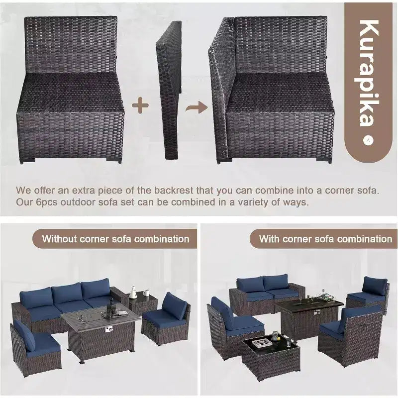 ALAULM Ensemble de mobilier de patio 10 pièces, salons de conversation d'extérieur en rotin avec foyer au propane de 43, fauteuils pivotants à bascule
