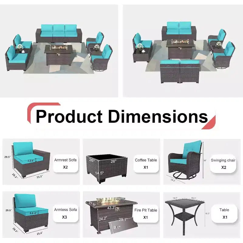 ALAULM Ensemble de mobilier de patio 10 pièces, salons de conversation d'extérieur en rotin avec foyer au propane de 43, fauteuils pivotants à bascule