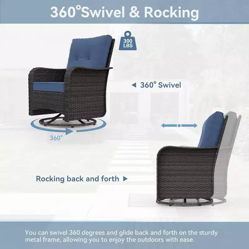 ALAULM Ensemble de mobilier de patio 10 pièces, salons de conversation d'extérieur en rotin avec foyer au propane de 43, fauteuils pivotants à bascule