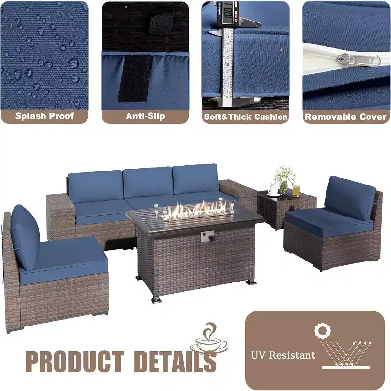 ALAULM Ensemble de mobilier de patio 10 pièces, salons de conversation d'extérieur en rotin avec foyer au propane de 43, fauteuils pivotants à bascule