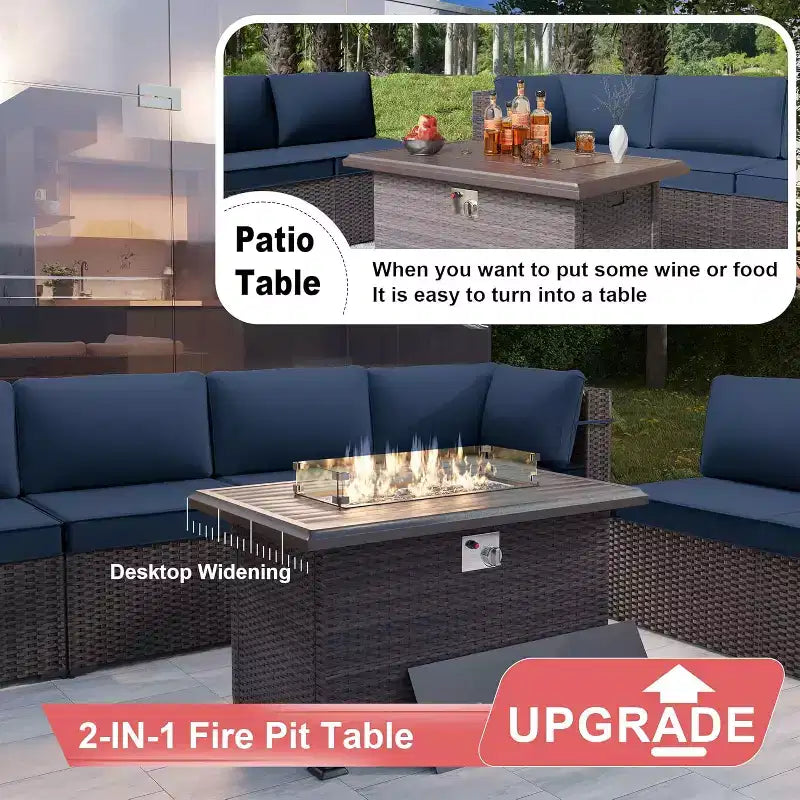 ALAULM Ensemble de mobilier de patio 10 pièces, salons de conversation d'extérieur en rotin avec foyer au propane de 43, fauteuils pivotants à bascule