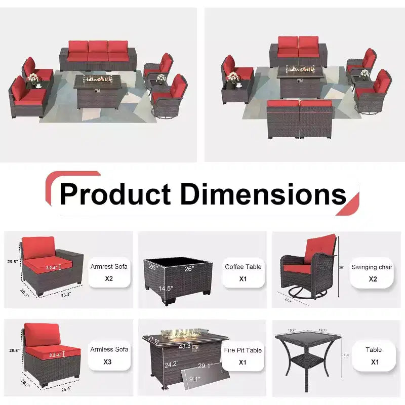 ALAULM Ensemble de mobilier de patio 10 pièces, salons de conversation d'extérieur en rotin avec foyer au propane de 43, fauteuils pivotants à bascule