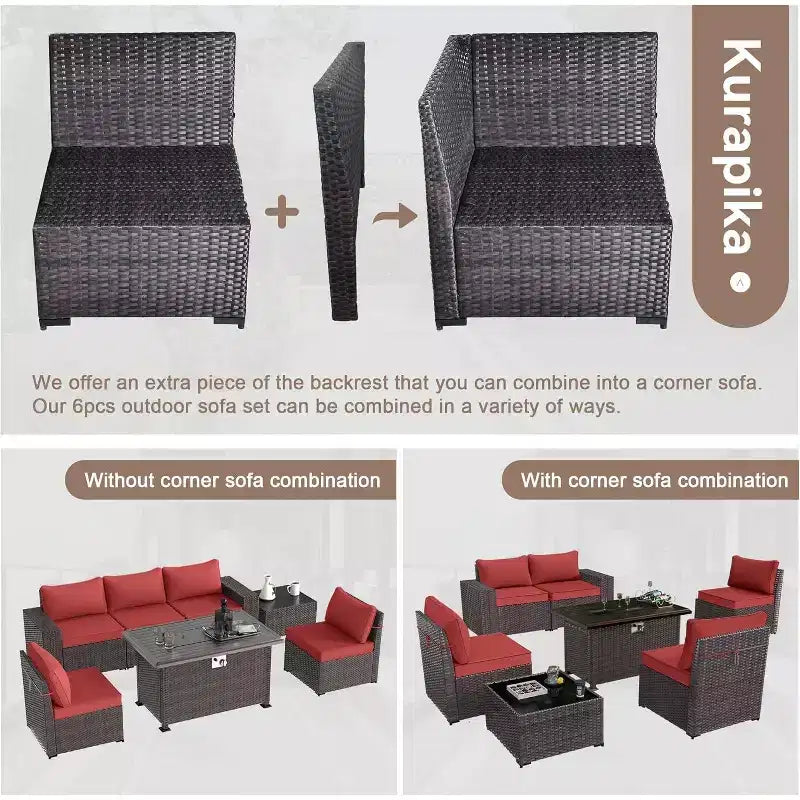 ALAULM Ensemble de mobilier de patio 10 pièces, salons de conversation d'extérieur en rotin avec foyer au propane de 43, fauteuils pivotants à bascule